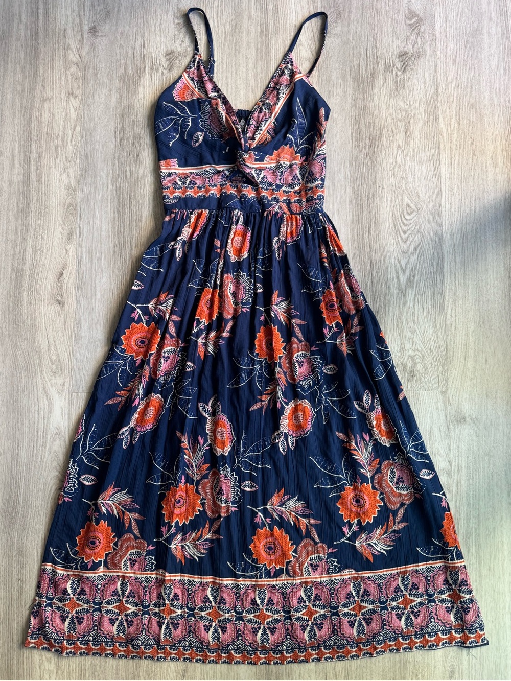 Angie Blue Orange Rayon Boho Floral Paisley Twist Front Keyhole Midi Dress SM